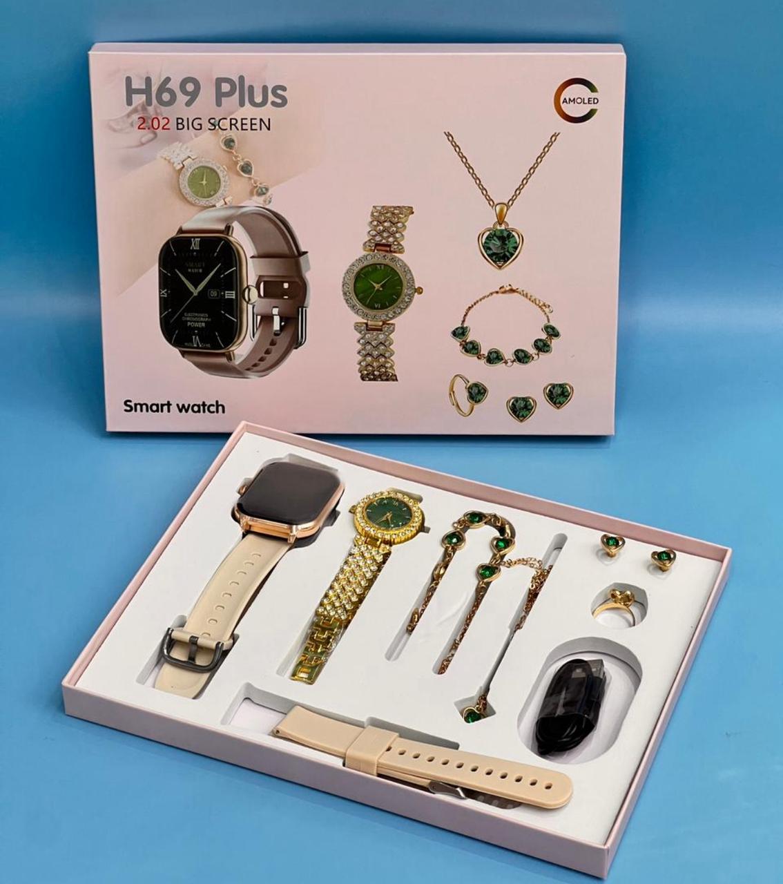 ساعت هدیه هوشمند مدل H69 Plusهمراه با اکسسوری  با ساعت زنانه و گوشواره و حلقه و گردنبند